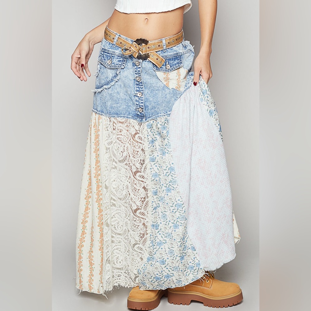 POL Blue and Cream Patchwork Maxi Skirt